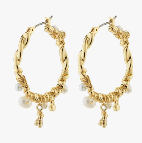 Earrings - ANA Pearl and Crystal Hoops, Gold
