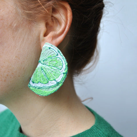 Earrings - Limes, Free-motion Embroidery