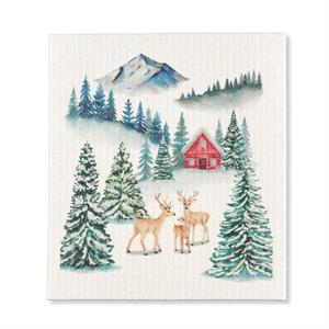 Winter Forest with Cabin Swedish Dishcloth