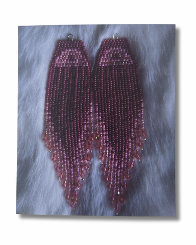 Postcard - Mireya Seymour, Pink Beaded Fringe Earrings: Libra Scales Design