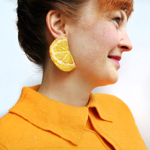 Earrings - Lemons, Free-motion Embroidery