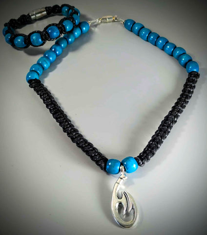 Necklace - Wood, Macrame with Blue Beads, PCN-24