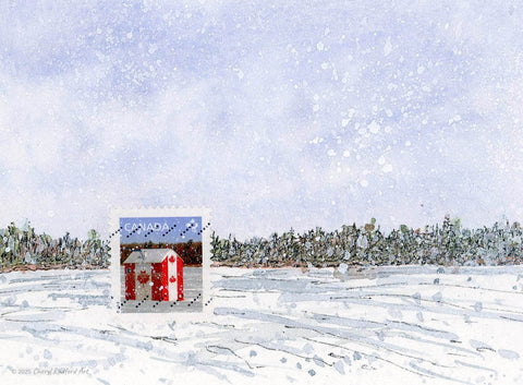 Card - Canadian Stamp - Ice Fishing Hut in Snowy Landscape