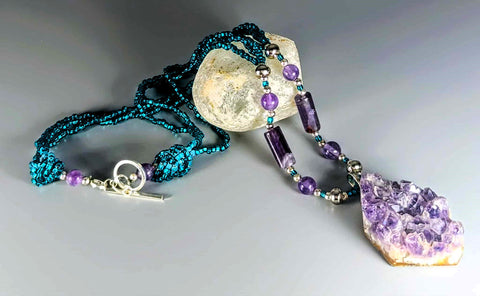 Necklace - Amethyst Drusy, Fluorite Beads, Sterling, PCN-11