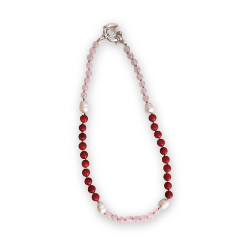 Necklace - White Baroque Pearl, Red Jasper & Rose Quartz