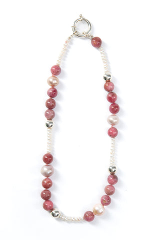 Necklace - Pink Pearl, Pink Rhodochrosite, Mini Pearl & Silver Beads
