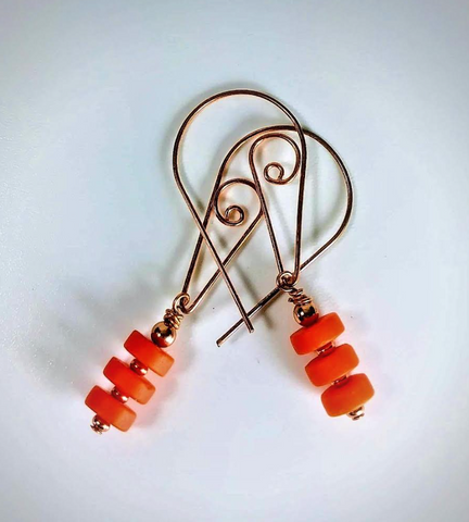 Earrings - Orange Beach Glass and Copper