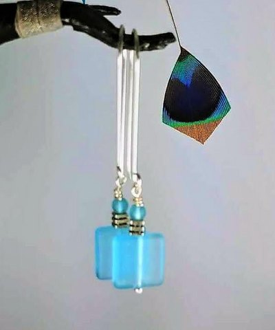 Earrings - Square Turquoise Beach Glass