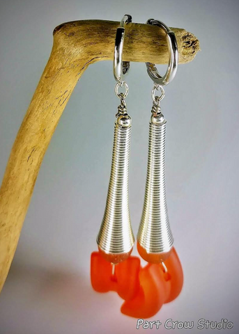 Earrings - Orange Beach Glass and Sterling Silver