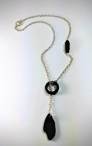 Necklace - Black Beach Glass and Sterling Silver