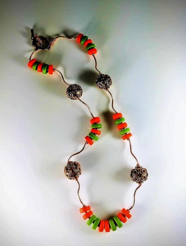 Necklace - Green and Orange Beach Glass with Copper
