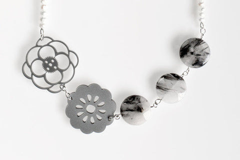 Pearl and Silver Acrylic Flower Necklace